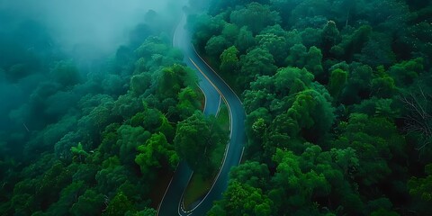Aerial view of a road in the green forest.