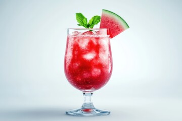 Glassware of fresh watermelon cocktail on white background