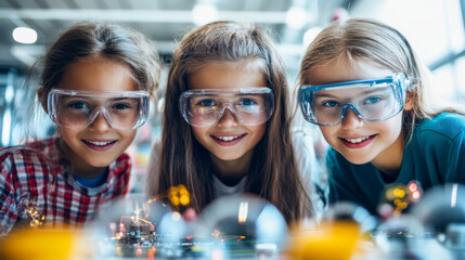 Three young girls wearing safety glasses engage in a hands-on science experiment at a classroom during the day, showcasing their enthusiasm and curiosity about learning