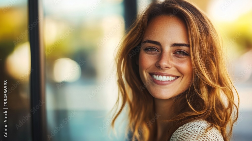 Poster  Smiling woman looking at the camera. 