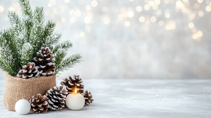 The small Christmas tree, adorned with white ornaments and nestled in a burlap pot, adds warmth to a minimalistic tabletop, complemented by soft bokeh lights and a flickering candle