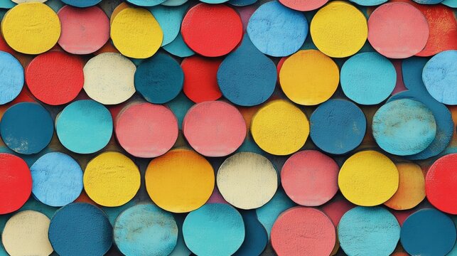 Colorful convex relief spotty bricks featuring three round concave circles in a seamless pattern