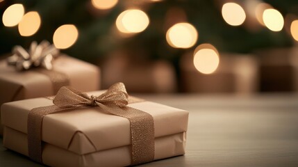 A beautifully adorned pine tree with golden ornaments stands with wrapped gifts featuring gold ribbons tucked beneath it, enhancing the festive spirit for New Year’s celebrations