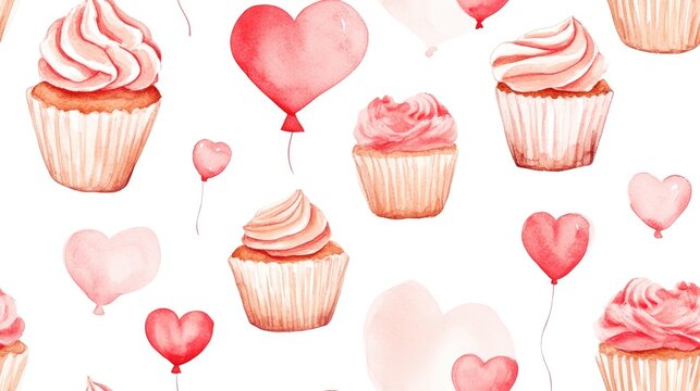 Watercolor romantic pattern featuring cupcakes and heart balloons Seamless digital paper design