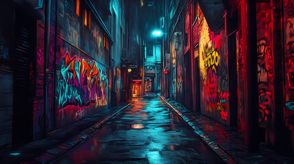 Naklejka premium A dark, atmospheric alleyway with colorful, mysterious graffiti covering the walls. Graffiti Alley. Illustration