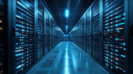 High-tech data center with rows of servers and advanced technology, illustrating modern data management. 