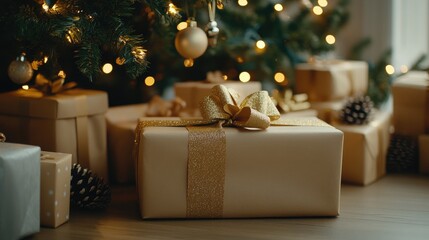 A beautifully adorned pine tree with golden ornaments stands with wrapped gifts featuring gold ribbons tucked beneath it, enhancing the festive spirit for New Year’s celebrations