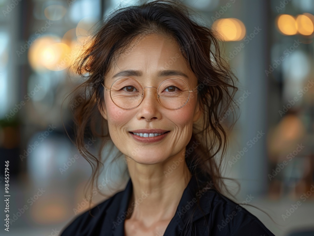 Poster smiling business woman, middle aged, asian, beautiful,  at an office, formal clothing, glasses