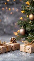 A beautifully adorned pine tree with golden ornaments stands with wrapped gifts featuring gold ribbons tucked beneath it, enhancing the festive spirit for New Year&rsquo;s celebrations