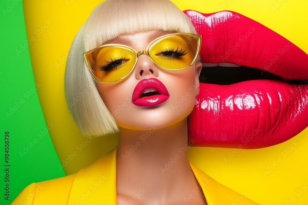 Sticker fashion portrait of a glamorous woman pop art and. blonde Bob hair cut ,  makeup , golden eyeshadow, thick eyeliner, glossy, full pouty juicy lips in a bright pink shade.