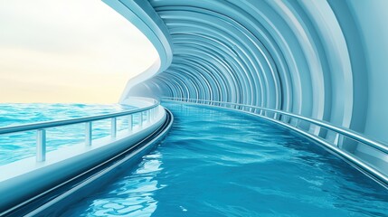 Obraz premium A long tunnel with a blue waterway running through it