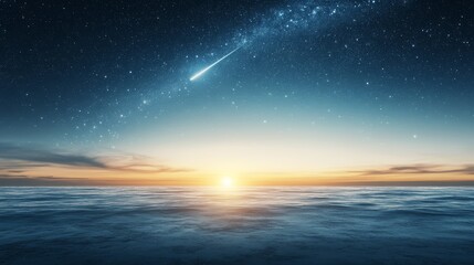 A breathtaking view of a meteor shower over a tranquil ocean at dawn, blending colors of the sky and water beautifully.