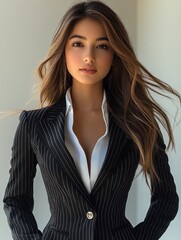 Fototapeta premium A woman in a black and white outfit poses for the camera