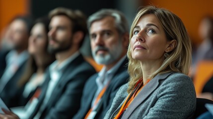 Obraz premium A group of business people at a conference or meeting, sitting in arow and listening to a presentation. Highlighting the focus and engagement of attendees.