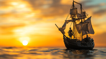 A model ship sailing at sunset symbolizes exploration and discovery on Columbus Day