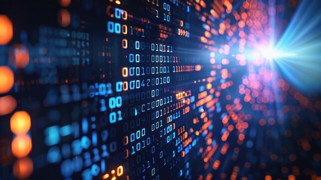  An abstract digital background with binary code and AI algorithms running in the background 