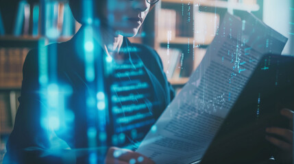 Banker in close-up reviewing financial documents, serious expression, legal books and digital screen in background, emphasizing compliance and financial regulation.