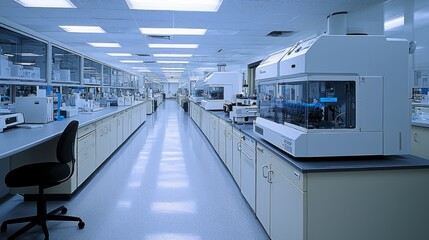 Modern laboratory interior with advanced equipment and workstations for scientific research and analysis during daytime hours