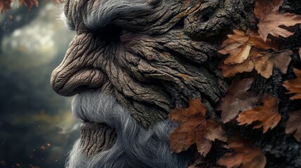 Obraz premium A close-up of an ancient being with textured bark-like features, framed by autumn leaves, showcasing the beauty of nature's artistry.