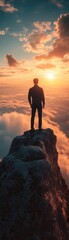Fototapeta premium Silhouette of a person standing on a rocky peak, gazing at a breathtaking sunset over clouds, symbolizing adventure and solitude.