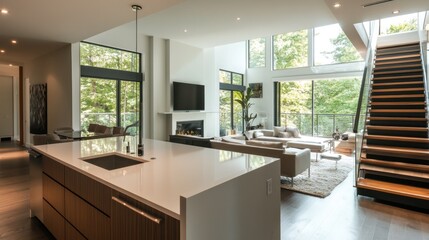 Fototapeta premium Modern open-concept living space with kitchen, living area, and staircase.