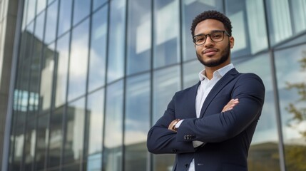 Fototapeta premium A confident young business leader standing with arms crossed in front of a glass office building, symbolizing success, empowerment, and professional growth. Perfect for leadership, career development,