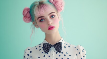 vintage girl with pastel hair, pink and blue ombre pigtails in updo wearing white polka dot dress , bow blouse, pink lipstick, pink lips, mint background