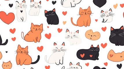 Seamless Pattern Featuring Adorable Cartoon Cats and Heart Motifs on a White Background
