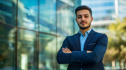 Fototapeta premium A confident young business leader standing with arms crossed in front of a glass office building, symbolizing success, empowerment, and professional growth. Perfect for leadership, career development,