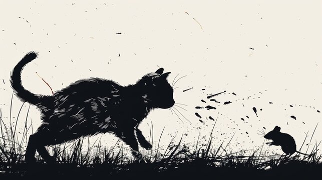 A dramatic silhouette of a cat chasing a mouse in a grassy field, capturing the essence of nature and predator-prey dynamics.