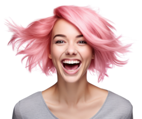 A happy woman with pink hair adult white background individuality.