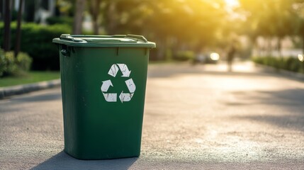 A green recycling bin sits on a sunlit street, promoting eco-friendly waste management and sustainability in the community.