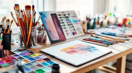 A designer's desk with a sketchpad, color palettes, and a tablet in a bright studio, symbolizing creativity and artistic innovation. Ideal for design, art, and creativity projects.