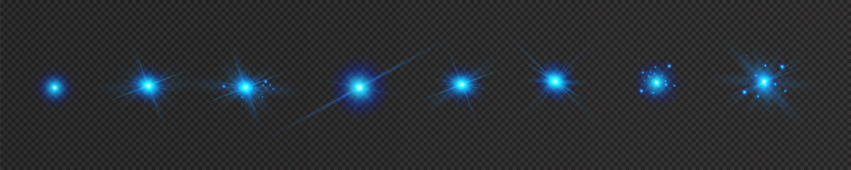 Light blue effect reflections, neon illumination in white colors. Bright light lens. Police light effects, lines. Shiny stars, glowing sparks on a black background. Vector blue light effect