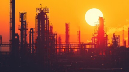 Obraz premium A large industrial refinery emits smoke at sunrise, showcasing energy production, pollution, and environmental impact against a glowing sky.