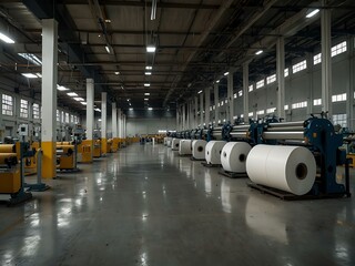 Large industrial space with textile production equipment and fabric rolls.