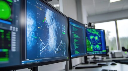 Close-up of computer monitors displaying weather data and analytics, featuring charts, radar, and climate information in a control room.