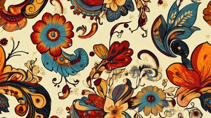Paisley ornamental seamless pattern with Kalamkari floral design on fabric background