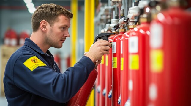 A professional checking fire extinguishers for safety compliance in an industrial setting, ensuring fire readiness.