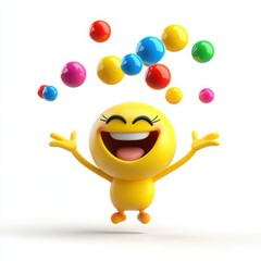 A 3D cartoon emoji juggling bright, multicolored balls, symbolizing playfulness and creative thinking, on a white background