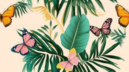 Trendy colorful tropical palm leaves complemented by flying butterflies featuring seamless design patterns suitable for fashion fabrics and various prints on a light background