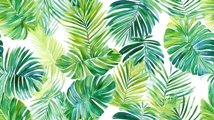 Watercolor Hand Drawn Tropical Seamless Pattern Featuring Palm Leaves and Exotic Foliage