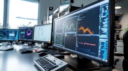 Fototapeta premium Close-up of computer monitors displaying weather data and analytics, featuring charts, radar, and climate information in a control room.