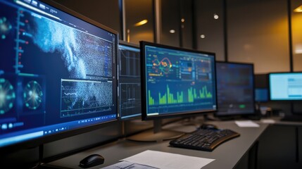 Fototapeta premium Close-up of computer monitors displaying weather data and analytics, featuring charts, radar, and climate information in a control room.