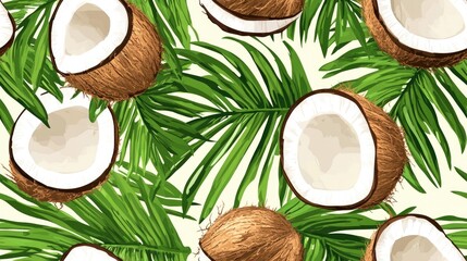 Exotic tropical seamless pattern featuring coconut leaves