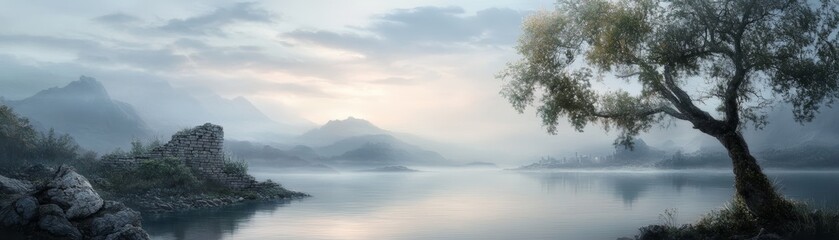 Obraz premium A serene landscape featuring a calm lake, distant mountains, and a lone tree under a soft misty sky at dawn.