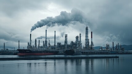 Large oil refinery on a cloudy day, with cargo ships docked nearby and thick smoke rising from chimneys into the sky.