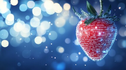 A binary code overlay is applied to the strawberry as a symbol of the new LLM model Codename Strawberry's integration of nature and technology.