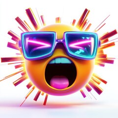 A 3D cartoon emoji wearing neon-colored glasses, with beams of bright light shooting from its eyes, representing futuristic and creative vision, on a white background