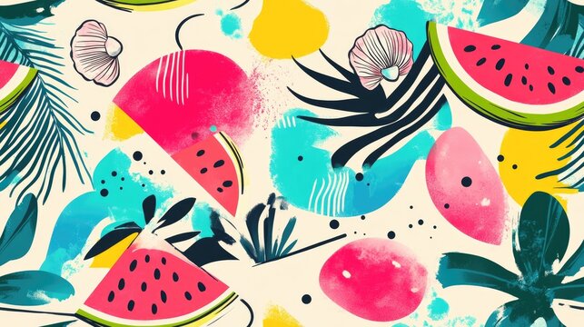 Abstract summer background in Memphis style featuring a vibrant decorative seamless pattern with hand drawn doodles and watercolor elements such as watermelon palm leaves and seashells Dynamic jux